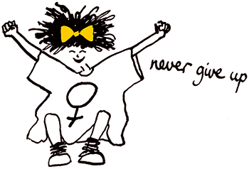 Illustration av tjej med gul roasett i håret, och som hoppar, med orden "never give up" bredvid henne.