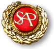 Gammaldags rockmärke för SAP i rött och guld