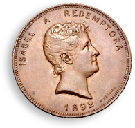 Ett mynt från 1892 med en relief av Isabels porträtt i profil, bredviod står det Isabel  A Redemptora