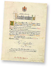 Ett gammalt papper med  med tjusig text på i olika färger med vad en förmodar är det kejserliga vapnet upptill, det är  den gyllena lagen som Isabel undertecknade.