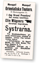 Affisch för filmen "Systrarna" med en hand som pekar mot Elin Wägners namn