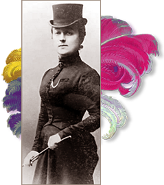 Collage av foto av Anna i halvfigur iförd hög hatt. Bakom bilden syns fjädrar i olika färger