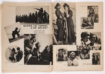 Uppslag med Gerda Taros fotografier av miliskvinnor i tidningen Vu 1936