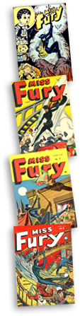 Fyra små omslagsbilder till Miss Fury där hon hoppar ner på skurkar av olika slag.