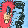 Porträttbild av Marla som håller en pistol framför sig. med symbolen för pang i rött runtom