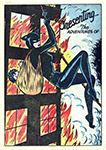 Seriebild av Miss Fury som hänger i ett rep med att litet barn i en säck på ryggen. Bakom dem brinner ett hus så mycket att nästan bara rök och eld syns. Bredvid står texten "Presenting the Adventures of"