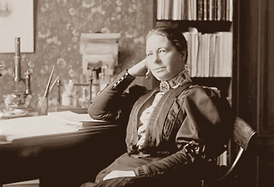 Foto av Karolina Widerström sittande vid sitt skrivbord. Hon lutar armbågen mot bordet, handen mot huvudet, och tittar snett uppåt. I bakgrunden syns en full bokhylla.