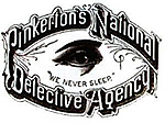 Logotype med texten: Pinkerton's National Detective Agency - "We never sleep" och ett öga.