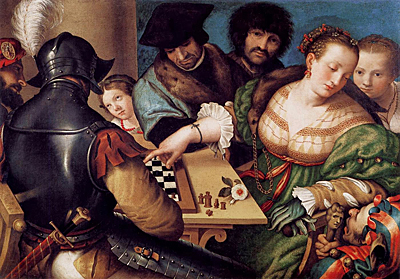 Målning med en kvinna som spelar schack, men är fbortvänd från spelet
