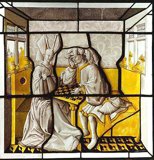 En medeltida kvinna respektive man sitter och spelar schack - svart, vitt, grått och gult