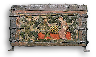 Låda för minnessaker, dekorerad med en  kvinna och man i medeltida kläder som spelar schack