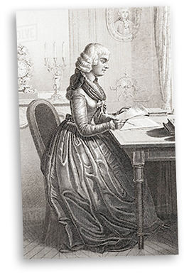 Gravyr av Madame Roland sittande vid sitt skrivbord med papper och penna i händerna