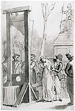 Illustration av hur Olympe de Gounges förs fram till giljotinen