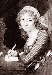 Illustration av Olympe de Gouges där hon sitter och skriver