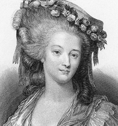 Illustration av Olympe de Gouges iförd en blomsterprydd hatt