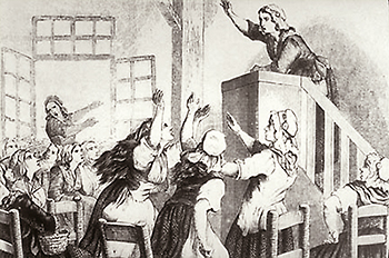 Illustration av en kvinna som håller tal medan andra kvinnor upprört skriker nedanför talarstolen