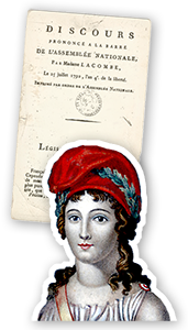 Collage av kvinnobild i den röda mössan och framsidan till ett av Claire Lacombes tal