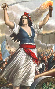 Målning av kvinna i frygisk mössa som sträcker upp armarna med ett svärd i ena handen och en fackla i den andra medan hon ropar ut något till en folkmassa. Hon är klädd i en vit klänning med blå väst och en röd sjal runt midjan
