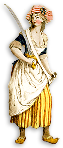 Illustration av kvinna i träskor och cockarde som bär en sabel