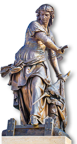 Stor bronsstaty av Jeanne Hachette med yxa och standar