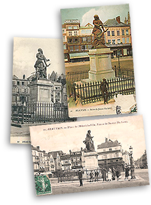 Tre gamla vykort på statyn av Jeanne Hachette på torget i Beauvais