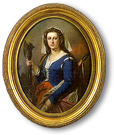 Målning i oval guldram av Jeanne Hachette med yxan i handen