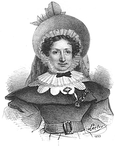 Illustration av Marie Boivin i halvfigur. Hon har en stor hatt med flor som hänger bakåt och en väldig spetskrage