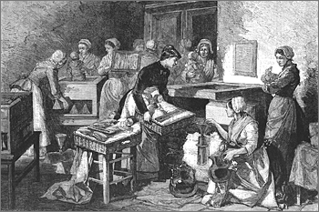 Illustration av ett rum med ett antal kvinnor som sköter om bäbiser som ligger i kuvöser och korgar