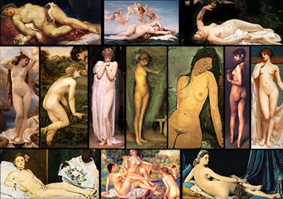 Collage av hur samtida män som är konstnärer har skildrat nakna kvinnor