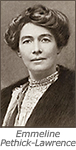 Porträttfoto av Emmeline Pethick-Lawrence med hennes namn under