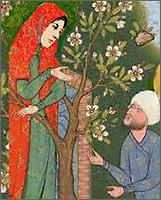 Illustration av stående kvinna  som håller i grenar på ett blommande täd och en man sim är nedanför henne