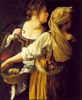 Målning av Judith och hennes tjänsteflicka med Holofernes huvud i en korg