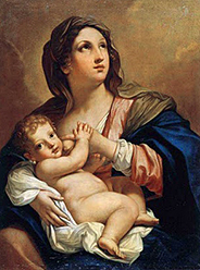 En madonna som ser upp mot himlen medan hon ammars sitt barn, men barnet tittar åt ett annat håll