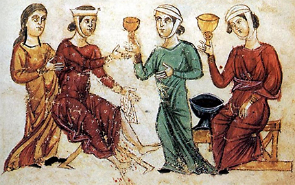 Bild ur Trotula-boken av 4 kvinnor varav en blöder ur underlivet och andra höjer skålar med förmodade läkamedel