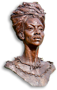 Ursparat foto av en staty av Queen Nanny. Hon har två halsband och en sjal runt huvudet