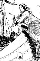 Svartvit teckning av Ching Shih ombord på en båt. Hon har ett svärd i handen.