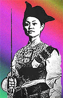 Teckning av Cing Shih med färgad bakgrund. Hon har svart hatt och ett svärd i handen.