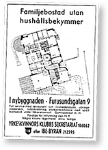 Annons för bostäder med en ritning och rubriken "Familjebostad utan hushållsbekymmer"