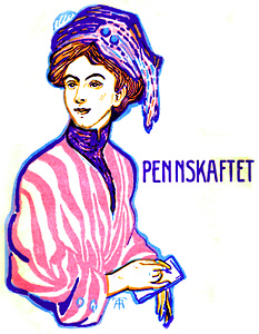 Illustration från Elin Wägners bok "Pennskaftet", kvinna med hatt och anteckningsblock