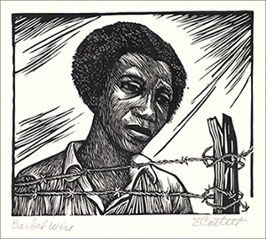 Illustration av kvinna framför taggtråd