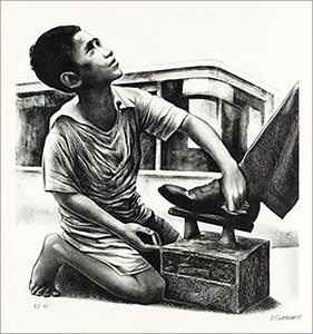 Illustration av pojke som tittar upp mot någon han putsar skorna åt