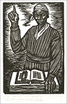 Illustration av Sojourner Truth som pekar med ena handen uppåt och har den andra vid en bok