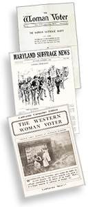 Omslag till de tre tidningarna Women Voter, Maryland Suffrage News och Western Woman Voter