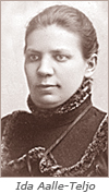 Porträttfoto av ung kvinna med bakåtuppsatt hår och höghalsad blus. Under står: Ida Aalle-Teljo