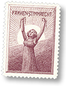 Logotype för DVF föreställande en kvinna som sträcker upp armarna och håller en avsliten kedja i händerna. I bakgrunden syns en soluppgång. Överst står texten: Frauenstimmrecht