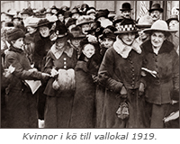Foto av köande kvinnor. En kvinna räcker dem flygblad eller liknande. Under står texten: Kvinnor i kö till vallokal 1919.