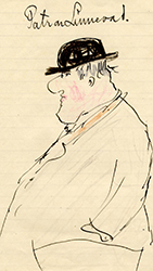 Teckning av patron Linnevad, tjock gubbe med stor näsa och kullrig hatt