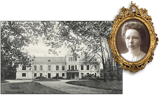 Gammalt foto av stora huset vid Fogelstad, och bredvid det ett porträttfoto av Elisabeth Tamm i en oval guldram