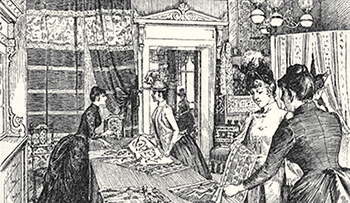 Teckning av Handarbetets vänners butik, där en kvinna säljer tyg och några andra kvinnor tittar på tyger