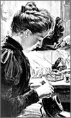 Svartvit illustration av kvinna i profil och halvfigur, som sitter och syr
